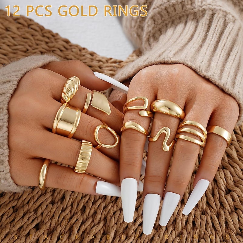 17mile Chunky Gold Stackable Rings for Women Non Tarnish, 18K Gold-Plated Statement Open Stacking Rings, Knuckle Band Ring Set - Image 5